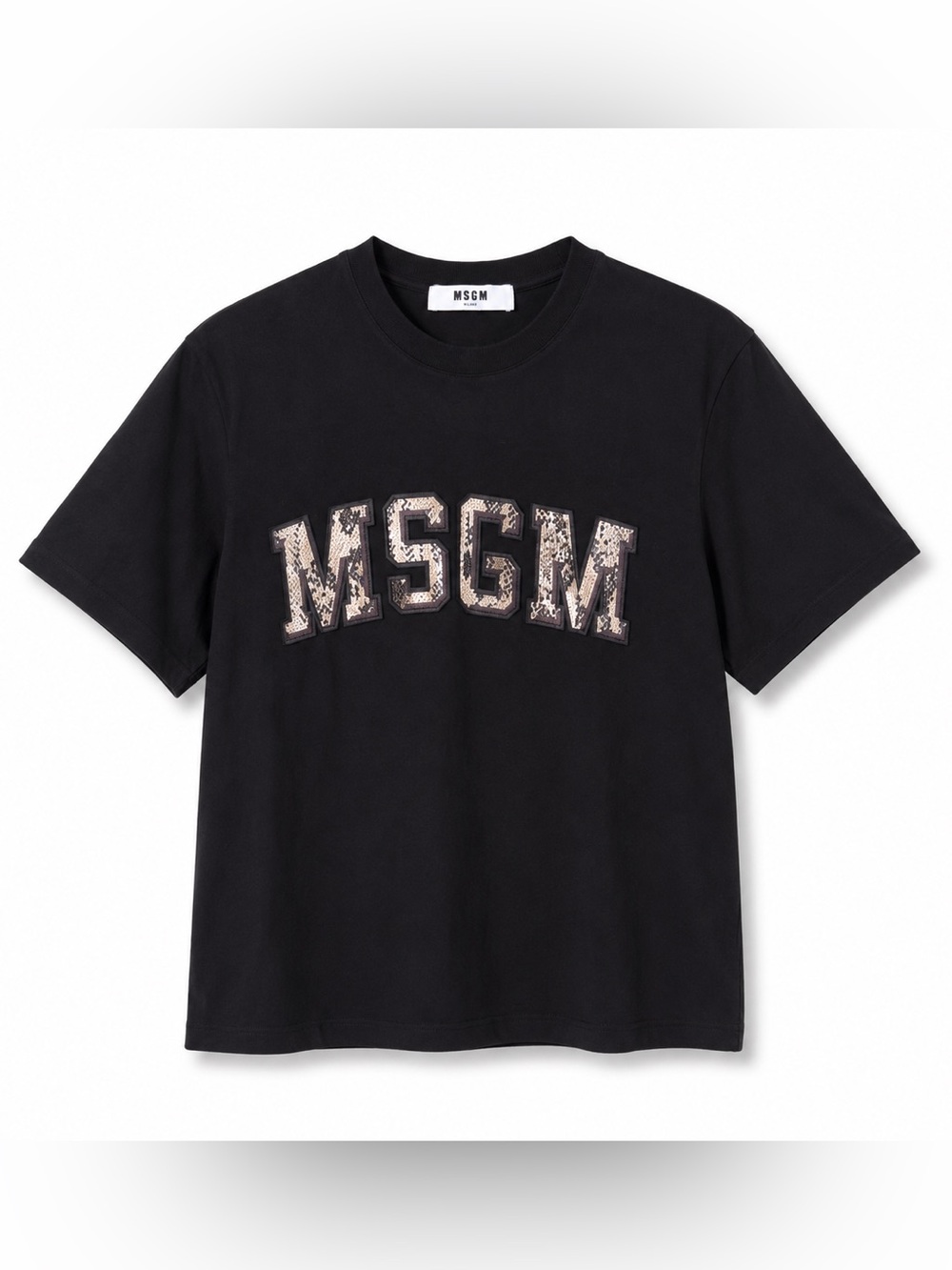 MSGM Black Tee with Beige Sequined Logo